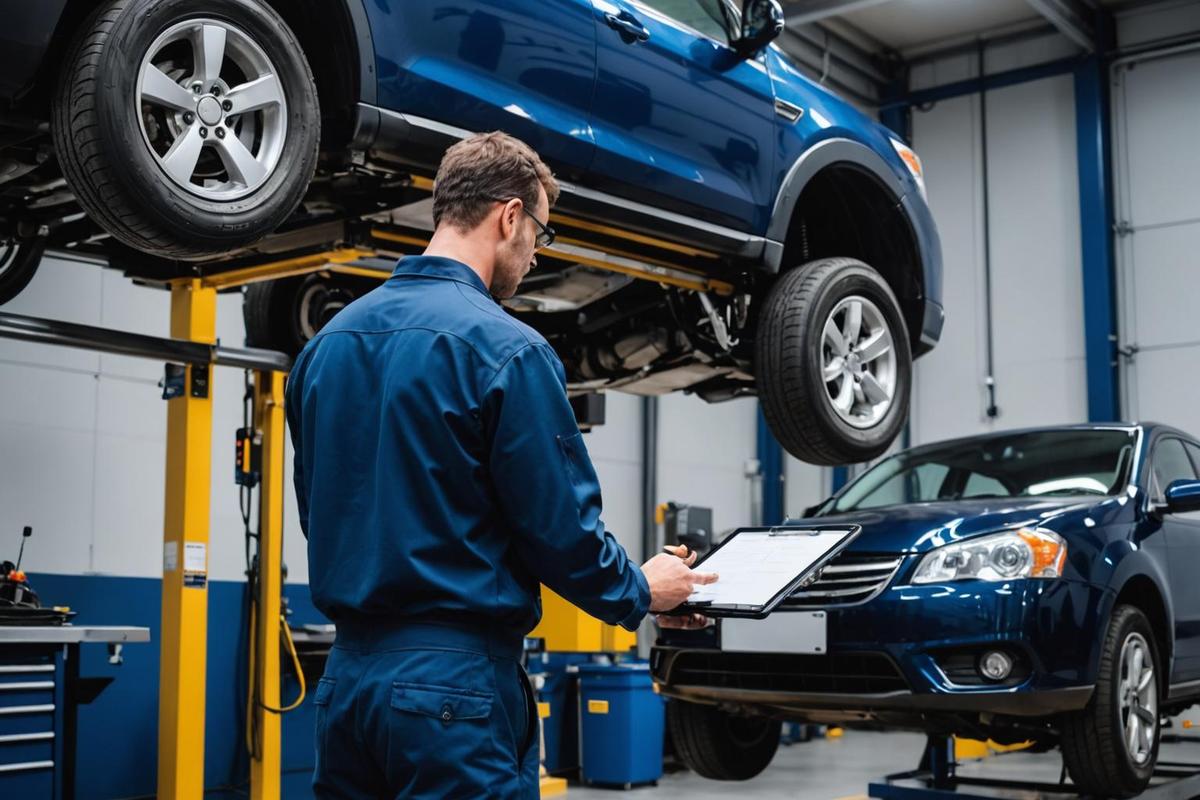 Technician inspecting a pre-owned car on a lift